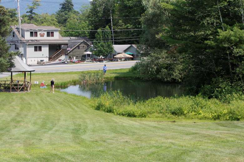people hanging out near a pond