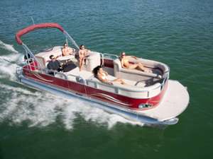 red pontoon boat on lake george